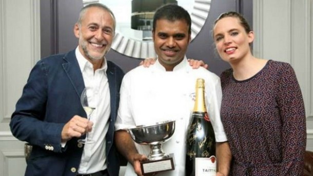 2015 and 2016 UK winner Rajkumar Holuss with Michel Roux Jr and Vitalie Taittinger