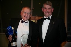 Innovation in Management winner Graham Crump (left) receives his award from Arthur De Haast, chairman of the Institute’s executive council