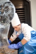 As the team's ice expert, Nicolas Belorgey had to practice carving a sculpture out of a block of ice to fit on a table of 120 cm in diameter.