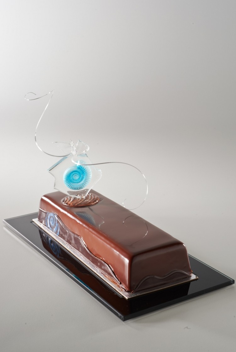 The UK's chocolate entremet - one dessert had to be designed for six people to be judged on presentation while the other two were judged on taste and had to be designed for ten people with portions between 75g and 125g.