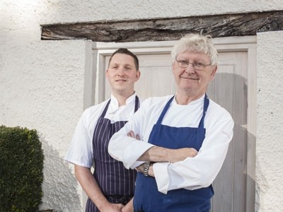 Leon Williams with Shaun Hill outside The Walnut Tree. Both chefs will work together on menus for Elior's renewed National Welsh Museums contract