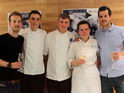 Electrolux Chef Academy winners Viktorija Bernataviciute, Jonah Keller and Giuseppe Giorgio Finocchio with Jonray and Peter Sanchez-Iglesias