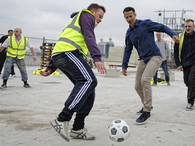 Manchester United Class of '92 take on the building team at Hotel Football's rooftop five-a-side pitch