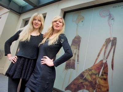 Twins Annette (left) and Daniela (right) Felder of fashion house Felder Felder unveil their designer windows at The May Fair Hotel ahead of London Fashion Week