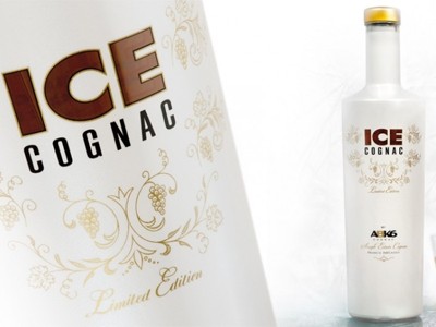 Ice Cognac is showcased in a white 70cl bottle with shiny white and golden frieze detail