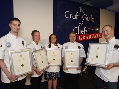 The five Craft Guild of Chef graduates receiving their certificates at an awards lunch at The Royal Garden Hotel yesterday