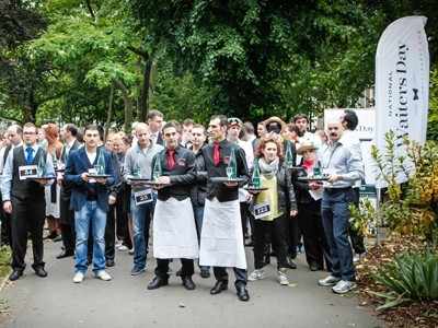 Several waiters took part in a race around Brunswick Square to celebrate the inaugural National Waiters Day
