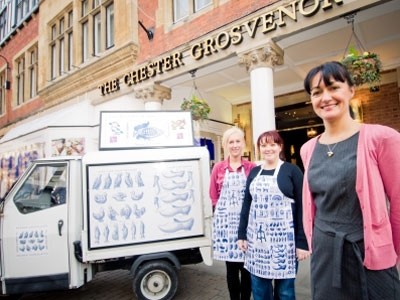 Lizzy Batchelor,Rachael Pritchard and Annie McNicholl of Rococo Chocolates ran a chocolate delivery van outside The Chester Grosvenor this week