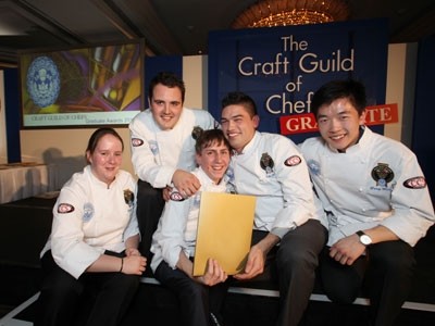 Josh Bingham (centre) of Le Manoir with fellow Craft Guild of Chef graduates