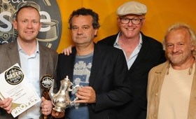 Patrick Moore collects his trophy from Mark Hix, Chris Evans and Antony Worrall Thompson