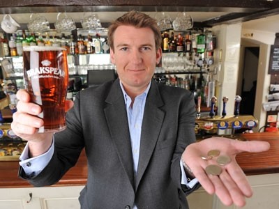 Brakspear chief executive Tom Davies with the £1.80 cost of a pint of beer on Tax-Free Beer Day (based on a £3.10 usual selling price) 