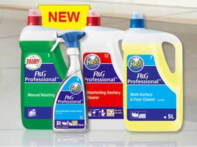 The new P&G Professional cleaning range is colour-coded for public spaces (blue), kitchens (green) and sanitary areas (red)