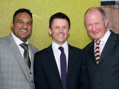 Nick Halliday (centre) with chef Michael Caines and Andrew Brownsword