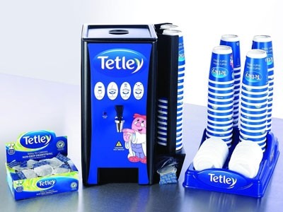 Tetley's Hot Water Dispenser comes with branded decals, space for tea bags and a stacking system for takeaway cups