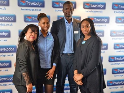 Four participants of Travelodge's 2012 work experience scheme - Marilou Carruthres, Alemasha Feveck, Joel Menezes Da Silva and Jazelle Pownall, who was given a job at one of the hotels following the course completion