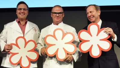 (L-R) Fat Duck head chef Jonny Lake, Heston Blumenthal and international director of the Michelin Guide Michael Ellis 