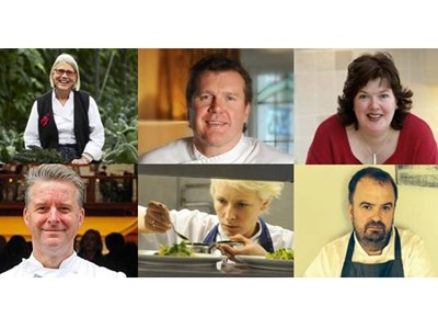 New chefs clockwise from top left to bottom left: Darina Allen, Nigel Haworth, Paula McIntyre, Ross Lewis, Lisa Allen, and Richard Sim