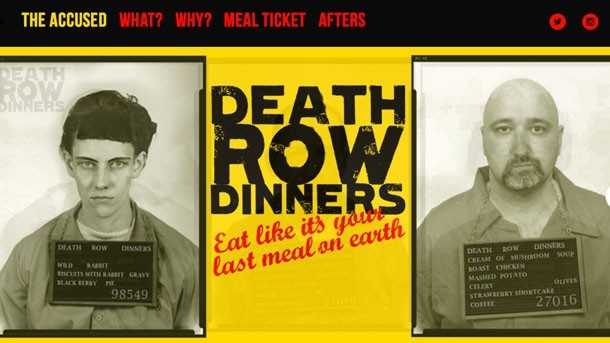 The Death Row Dinners website featured images of 'inmates' with details of their final meal requests around their neck