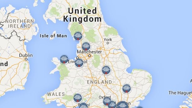 Locations of top 50 restaurants in the UK