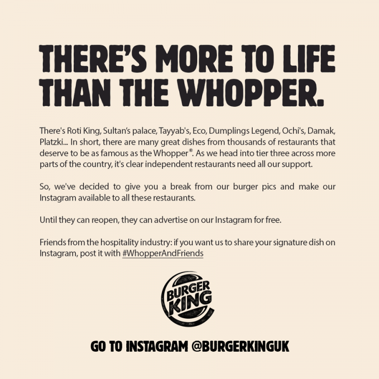 Burger King offers to support small restaurants via its social channels 