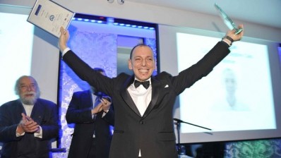 Alper Zan of Café Rouge in Cheshire Oaks picks up his award at this year's UK Restaurant Manager of the Year awards