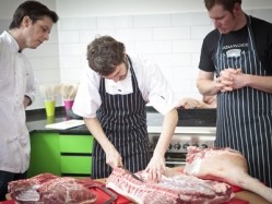 Shaun Alpine-Crabtree from The Table, Alan Stewart from Manson restaurant, and Nathan Mills from The Butchery (l-r) at Sustain's nose-to-tail butchery workshop - Toby Allen Photography