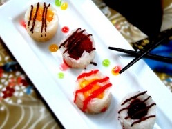 CP Foods' Carisma fruit sushi (coconut sticky rice with a fruit topping in bite-sized portions)