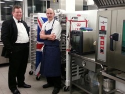 John Williams, executive chef at The Ritz, is shown the Bocuse d'Or 2013 training kitchen for the UK team by commis chef Kristian Curtis