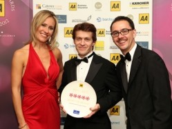 Michael Wignall (centre) at last night's AA Hospitality Awards with Sophie Raworth and Simon Numphud of the AA