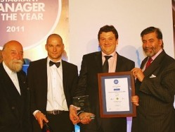 Michel Caggianese (second from right) collects his award from (L-R) Roy Ackerman, Fred Sirieix and Lord Thurso.